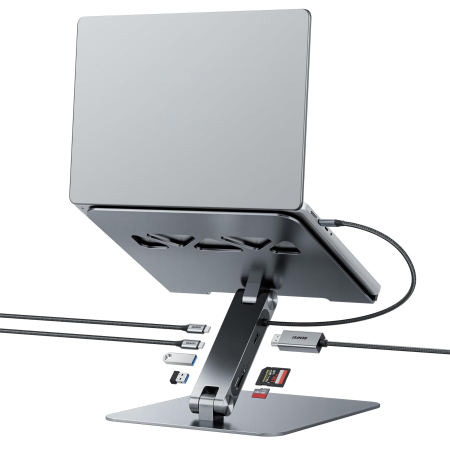 Accesorii PC, Laptop, Tablete & Telefoane - AM292 - Suport laptop cu docking station USB-C 7 in 1 BENFEI, HDMI 4K 60Hz, PD 100W, 10Gbps, cititor carduri SD/MicroSD, stand reglabil aluminiu, compatibil MacBook/XPS