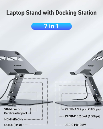 AM292 - Suport laptop cu docking station USB-C 7 in 1 BENFEI, HDMI 4K 60Hz, PD 100W, 10Gbps, cititor carduri SD/MicroSD, stand reglabil aluminiu, compatibil MacBook/XPS [1]