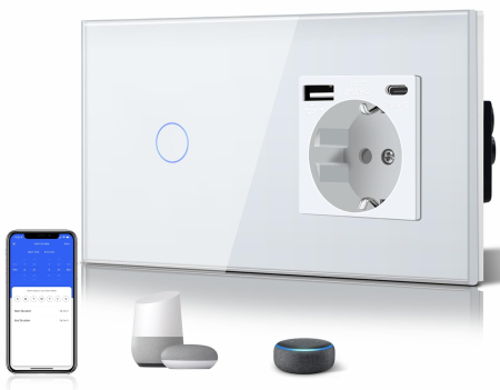 Prelungitoare si Prize - AM293 - Priza inteligenta Schuko cu intrerupator touch WiFi BSEED, USB si Type-C, control aplicatie Smart Tuya, compatibil Alexa Google Home, panou sticla, alb