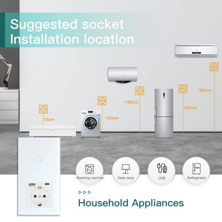 AM293 - Priza inteligenta Schuko cu intrerupator touch WiFi BSEED, USB si Type-C, control aplicatie Smart Tuya, compatibil Alexa Google Home, panou sticla, alb [5]