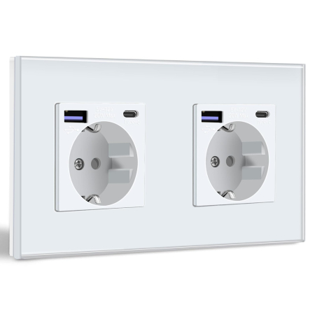 Prelungitoare si Prize - AM294 - Priza Dubla de perete cu USB X2 si USB-C X2 Fast Charge, Schuko 16 A, Priza Electrica Dubla cu Porturi USB, Alimentare Simultana Electrocasnice si Dispozitive Mobile, priza incastrata 6 in 1, panou sticla, siguranta copii, alb