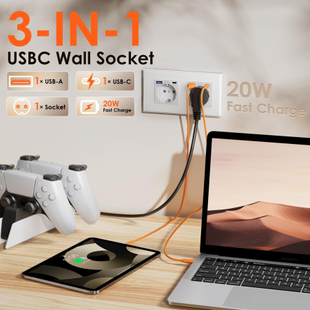 AM294 - Priza Dubla de perete cu USB X2 si USB-C X2 Fast Charge, Schuko 16 A, Priza Electrica Dubla cu Porturi USB, Alimentare Simultana Electrocasnice si Dispozitive Mobile, priza incastrata 6 in 1, panou sticla, siguranta copii, alb [1]