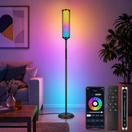 Toate produsele - AM295 - Lampadar de podea RGBICW Smart LED , lampa de podea cu control app si telecomanda, 16M culori, 32 moduri, sincronizare muzica, veioza reglabila 2200K-6500K, 1500lm, Negru