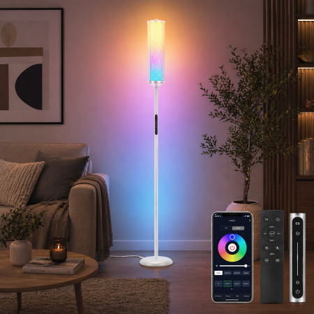 Toate produsele - AM296 - Lampadar de podea RGBICW Smart LED , lampa de podea cu control app si telecomanda, 16M culori, 32 moduri, sincronizare muzica, veioza reglabila 2200K-6500K, 1500lm, Alb
