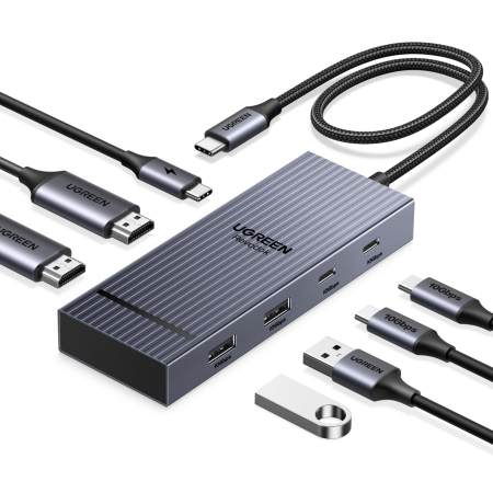 Accesorii PC, Laptop, Tablete & Telefoane - AM297 - Hub USB-C UGREEN Revodok Pro 207, 7 in 1, 2 x HDMI 4K 60Hz, PD 100W, 2 x USB 3.2 si 2 USB 3.2 Tip C 10Gbps, adaptor docking station pentru laptop MacBook, Windows, Android