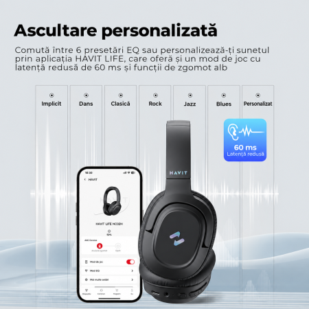 AM308 - Casti Wireless Over-Ear Bluetooth Havit® H612BT PRO cu Anulare Activa a Zgomotului, Aplicatie Mobila, Mod Equalizer, Latenta Redusa 60ms pentru Gaming, Bass Puternic, Pliabile, Autonomie 50 Ore, Negru [6]