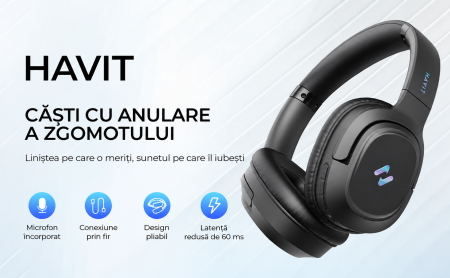 AM308 - Casti Wireless Over-Ear Bluetooth Havit® H612BT PRO cu Anulare Activa a Zgomotului, Aplicatie Mobila, Mod Equalizer, Latenta Redusa 60ms pentru Gaming, Bass Puternic, Pliabile, Autonomie 50 Ore, Negru [12]
