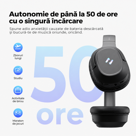 AM308 - Casti Wireless Over-Ear Bluetooth Havit® H612BT PRO cu Anulare Activa a Zgomotului, Aplicatie Mobila, Mod Equalizer, Latenta Redusa 60ms pentru Gaming, Bass Puternic, Pliabile, Autonomie 50 Ore, Negru [2]