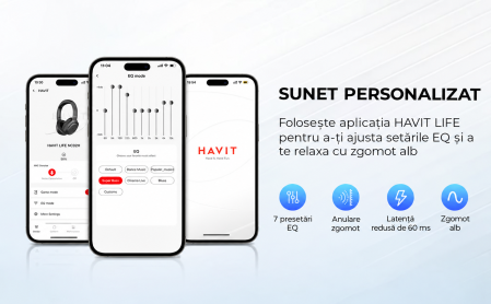 AM308 - Casti Wireless Over-Ear Bluetooth Havit® H612BT PRO cu Anulare Activa a Zgomotului, Aplicatie Mobila, Mod Equalizer, Latenta Redusa 60ms pentru Gaming, Bass Puternic, Pliabile, Autonomie 50 Ore, Negru [9]