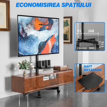 AM309 - Suport TV pentru televizor 27–60 Inch, Mobil cu roti 360°, Reglabil pe Inaltime, Inclinabil, VESA 400x400, greutate suportata 40 kg, cu sau fara polita, Negru [3]