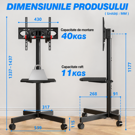 AM309 - Suport TV pentru televizor 27–60 Inch, Mobil cu roti 360°, Reglabil pe Inaltime, Inclinabil, VESA 400x400, greutate suportata 40 kg, cu sau fara polita, Negru [1]