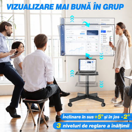 AM309 - Suport TV pentru televizor 27–60 Inch, Mobil cu roti 360°, Reglabil pe Inaltime, Inclinabil, VESA 400x400, greutate suportata 40 kg, cu sau fara polita, Negru [4]