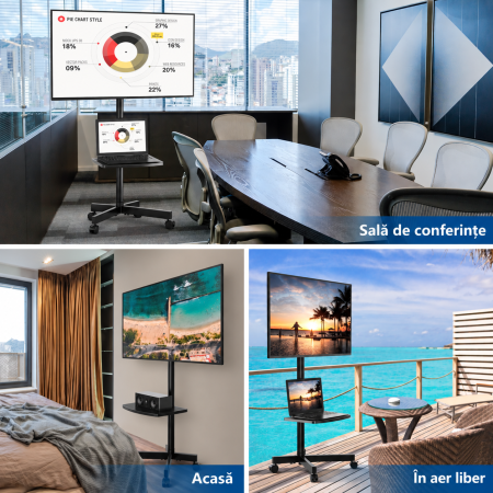 AM309 - Suport TV pentru televizor 27–60 Inch, Mobil cu roti 360°, Reglabil pe Inaltime, Inclinabil, VESA 400x400, greutate suportata 40 kg, cu sau fara polita, Negru [7]
