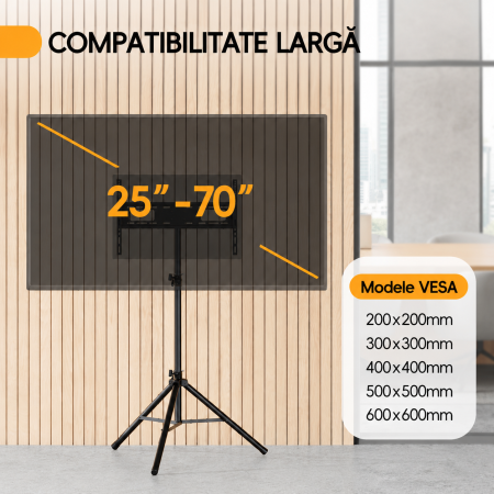 Suport TV Tripod pentru televizor 25–70 Inch, portabil, transportabil, Reglabil pe Inaltime, Inclinare ±15°, VESA 600x400, suporta 49 kg, foarte stabil, Negru [2]