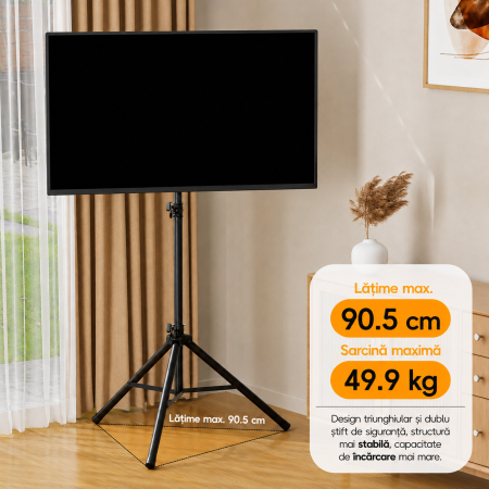 Suport TV Tripod pentru televizor 25–70 Inch, portabil, transportabil, Reglabil pe Inaltime, Inclinare ±15°, VESA 600x400, suporta 49 kg, foarte stabil, Negru [4]