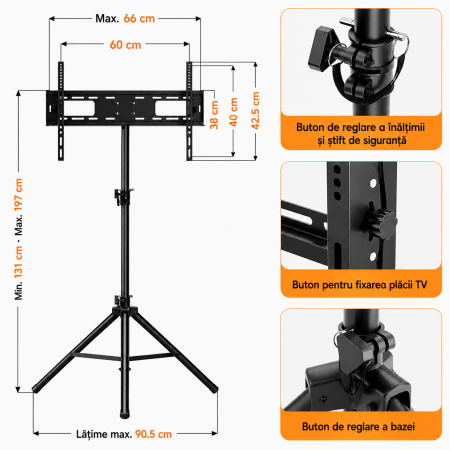 Suport TV Tripod pentru televizor 25–70 Inch, portabil, transportabil, Reglabil pe Inaltime, Inclinare ±15°, VESA 600x400, suporta 49 kg, foarte stabil, Negru [3]
