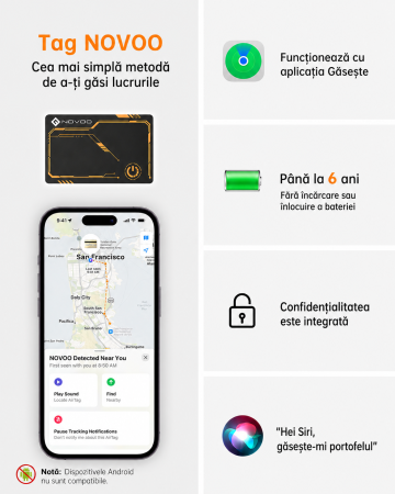 AM311 - Card Smart Tracker Bluetooth NOVOO Compatibil Apple Find My, Slim 1.6 mm, Baterie 6 Ani, IP68, 80 dB, urmaritor anti-pierder Portofel, Bagaje, Haine, Copii (iOS only) [3]