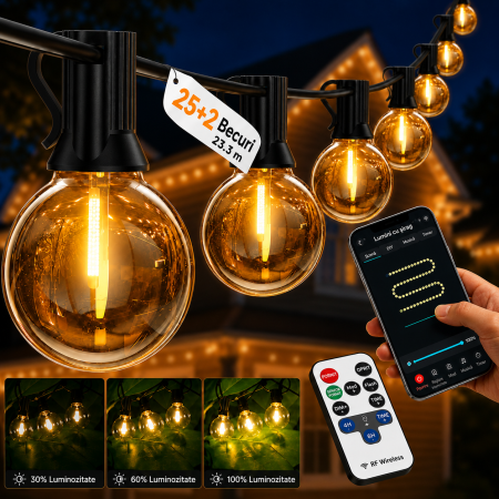 Toate produsele - AM313 - Ghirlanda Luminoasa Decorativa SMART LED IP44 23.3m Adymel®, 25+2 becuri LED G40 incluse, Control Aplicatie + Telecomanda, Timer Smart, exterior, lumina calda 2700K, Music Sync, potrivita pentru Craci