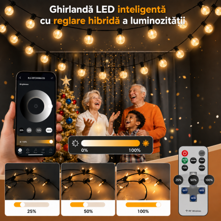 AM314 - Ghirlanda Luminoasa Decorativa SMART LED IP44 33.3m Adymel®, 40+2 becuri LED G40 incluse, Control Aplicatie + Telecomanda, Timer Smart, exterior, lumina calda 2700K, Music Sync, potrivita pentru Craci [5]