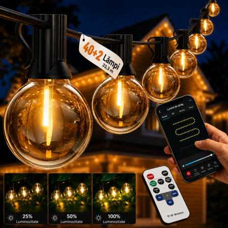Toate produsele - AM314 - Ghirlanda Luminoasa Decorativa SMART LED IP44 33.3m Adymel®, 40+2 becuri LED G40 incluse, Control Aplicatie + Telecomanda, Timer Smart, exterior, lumina calda 2700K, Music Sync, potrivita pentru Craci