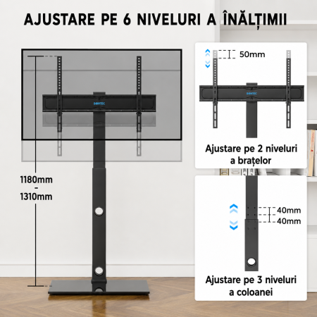 AM315 - Suport TV pentru televizor 30-70 inch Bontec®, plat si curbat, cu sticla securizata, suporta greutate pana la 40 kg, VESA pana la 600 x 400 mm, brat pivotant, inaltime ajustabila, prinderi din otel, m [3]