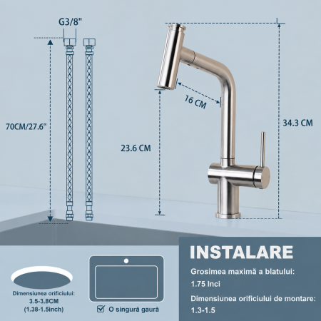 AM316 - Baterie pentru Chiuveta Bucatarie Extractabila, Inox Premium SUS304, Anti-rugina, Anti-exfoliere, cap dus extractabil, Pipa inalta si Rotire 360°, 2 Moduri Jet, Monocomanda, de calitate [2]
