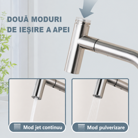 AM316 - Baterie pentru Chiuveta Bucatarie Extractabila, Inox Premium SUS304, Anti-rugina, Anti-exfoliere, cap dus extractabil, Pipa inalta si Rotire 360°, 2 Moduri Jet, Monocomanda, de calitate [3]