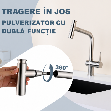 AM316 - Baterie pentru Chiuveta Bucatarie Extractabila, Inox Premium SUS304, Anti-rugina, Anti-exfoliere, cap dus extractabil, Pipa inalta si Rotire 360°, 2 Moduri Jet, Monocomanda, de calitate [4]