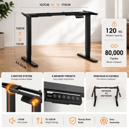 Cadru Birou Electric ErGear® 107-175 CM, Negru [1]