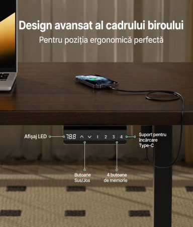 Cadru Birou Reglabil Electric Dual Motor, 150Kg, 2 Memorii, Inaltime 71-118cm, Latime Ajustabila 100-145cm [2]