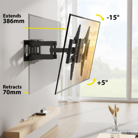 Pachet Suport TV de perete, pentru televizor 37–80 inch, compatibil vesa pana la 600x400, functie inclinare, retractare, rotire si nivelare, montaj rapid cu blocare automata si Prelungitor 3000 W de 5 metri lungime [3]