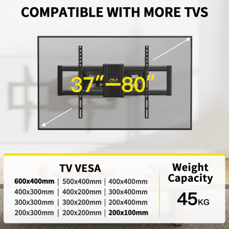 Pachet Suport TV de perete, pentru televizor 37–80 inch, compatibil vesa pana la 600x400, functie inclinare, retractare, rotire si nivelare, montaj rapid cu blocare automata si Prelungitor 3000 W de 5 metri lungime [1]