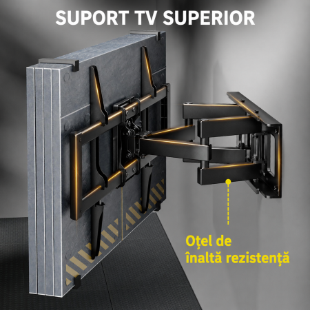 Pachet Suport TV de perete, pentru televizor 37–80 inch, compatibil vesa pana la 600x400, functie inclinare, retractare, rotire si nivelare, montaj rapid cu blocare automata si Prelungitor 3000 W de 5 metri lungime [5]
