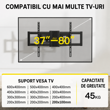 Pachet Suport TV de perete, pentru televizor 37–80 inch, compatibil vesa pana la 600x400, functie inclinare, retractare, rotire si nivelare, montaj rapid cu blocare automata si Prelungitor 3000 W de 5 metri lungime [1]