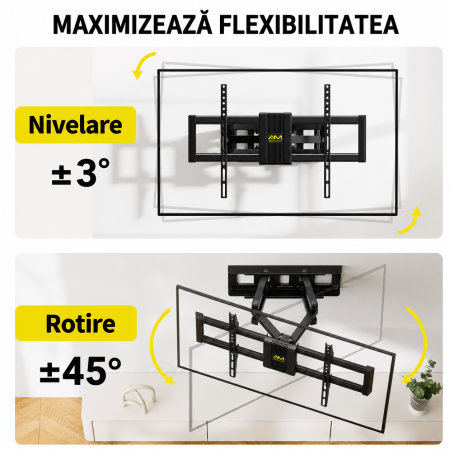 Pachet Suport TV de perete, pentru televizor 37–80 inch, compatibil vesa pana la 600x400, functie inclinare, retractare, rotire si nivelare, montaj rapid cu blocare automata si Prelungitor 3000 W de 5 metri lungime [4]