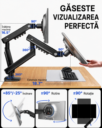 Pachet Suport HUANUO® pentru 2 monitoare de 13-32 Inch Negru si Prelungitor 3000 W 5m [2]