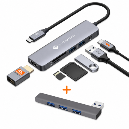 Adaptoare, Hub-uri Usb - Set Hub USB-C 6-in-1 NOVOO® R6 PD + Hub USB 3.0