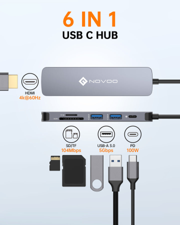 Set Hub USB-C 6-in-1 NOVOO® R6 PD + Hub USB 3.0 [1]