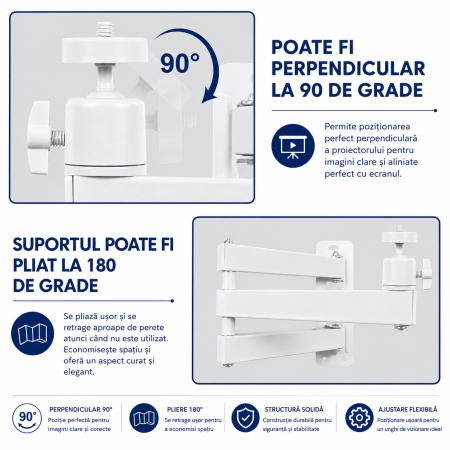 Suport Proiector Perete Reglabil 20-40 cm, Rotatie 360°, Filet 1/4 inch, Alb [3]