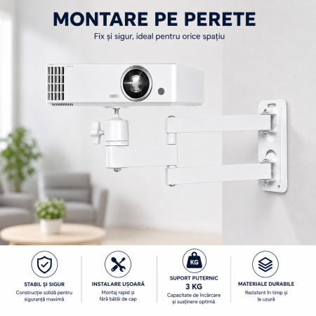 Suport Proiector Perete Reglabil 20-40 cm, Rotatie 360°, Filet 1/4 inch, Alb [1]