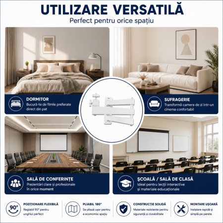 Suport Proiector Perete Reglabil 20-40 cm, Rotatie 360°, Filet 1/4 inch, Alb [4]