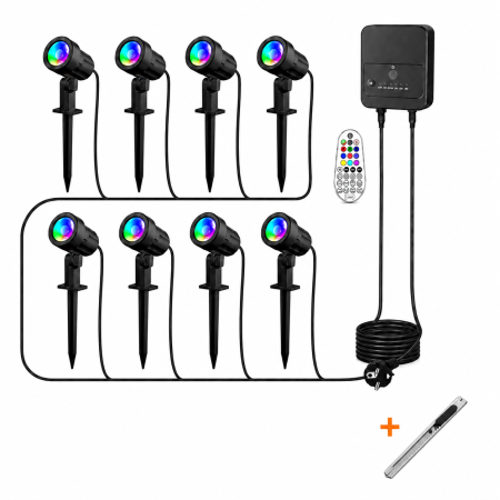 Casa & Birou - Set 8 Spoturi LED RGB Exterior, 100 lm/Spot, Cablu 23 m, Telecomanda, IP66 + Cutter