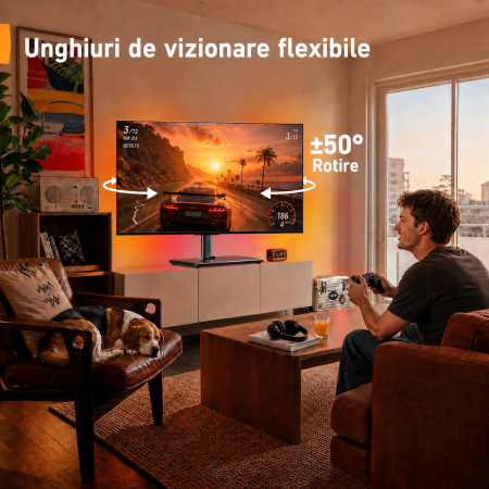Suport TV Masa 24-60 inch, LED RGB, Rotire ±50°, VESA 400x400, 45 kg + Cutter [4]