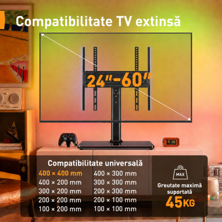 Suport TV Masa 24-60 inch, LED RGB, Rotire ±50°, VESA 400x400, 45 kg + Cutter [1]