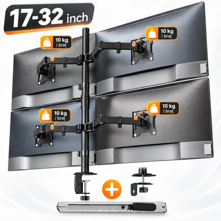 Accesorii Monitoare - Suport 4 Monitoare 17-32 inch, 10 kg/Brat, VESA, Rotire 360°