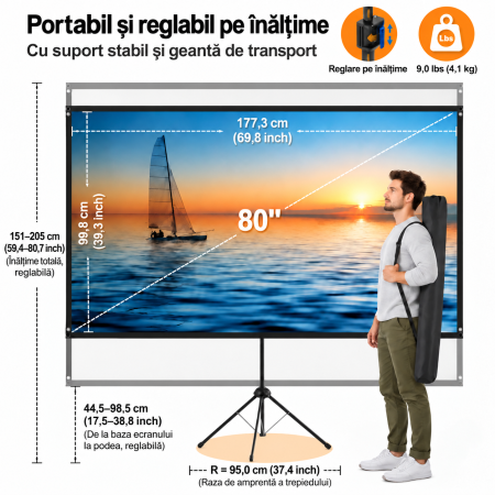 Ecran Proiectie 80 inch 16:9, 4K, Trepied, Portabil, Exterior [1]