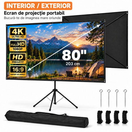 Videoproiectoare - Ecran Proiectie 80 inch 16:9, 4K, Trepied, Portabil, Exterior