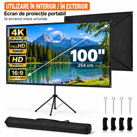 Videoproiectoare - Ecran Proiectie 100 inch 16:9, 4K, Trepied, Portabil, Exterior