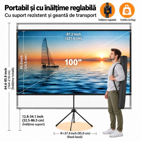 Ecran Proiectie 100 inch 16:9, 4K, Trepied, Portabil, Exterior [1]