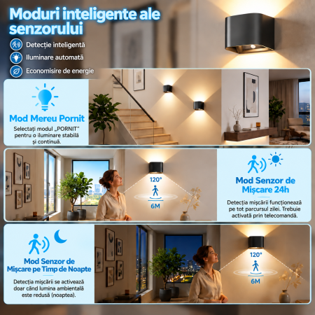 Set 2 Lampi LED Perete, Senzor Miscare, 5400 mAh, Telecomanda [3]